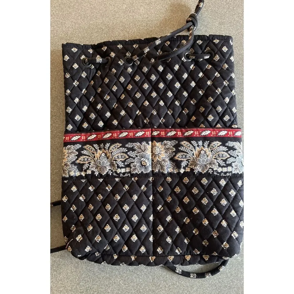 Vintage Vera Bradley Retired Classic Black Red‎ Grey Tan Accents Drawstring Bag